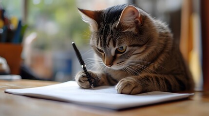 Focused tabby cat holding pen while pretending to write in open notebook on desk, copy space