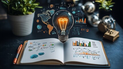 Digital technology a light bulb with icons of the Earth, Business idea light bulb on book
