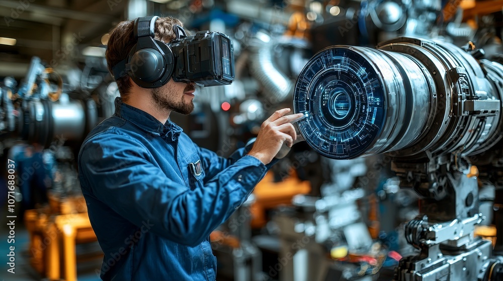 Aufkleber a person in a vr headset interacts with a mechanical device, showcasing the integration of virtual r