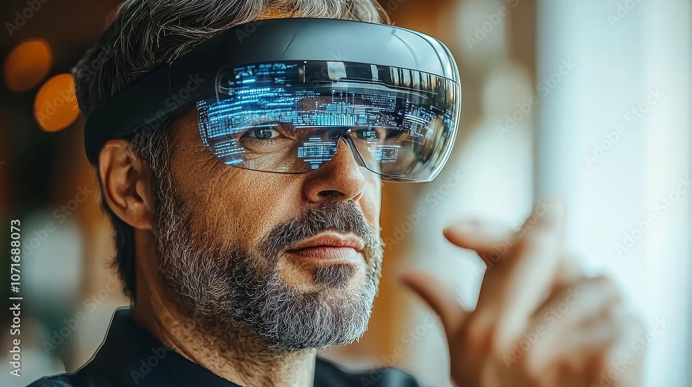 Poster a man with a beard uses augmented reality glasses, engaged in a technology-driven environment showca