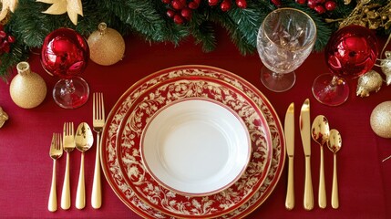Christmas dining table setting with red and gold decor