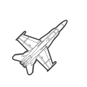 FA-18 Hornet fighter jet, top view model line dark gray color icon.