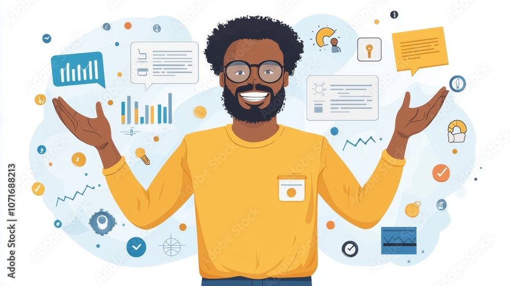 Poster a cheerful person in glasses presents data insights, surrounded by graphs, charts, and icons represe