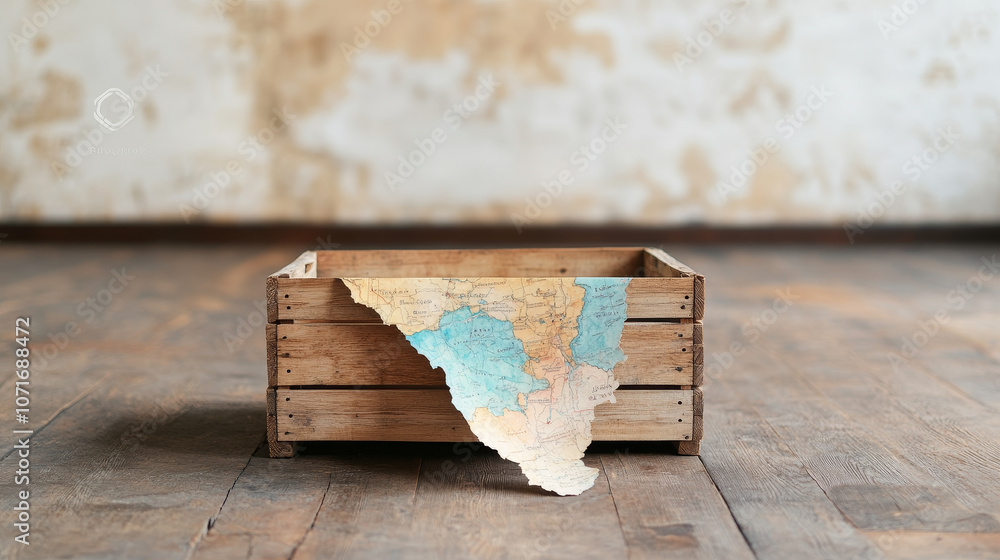 Poster wooden crate with vintage map partially hanging out, creating nostalgic feel. rustic background enha