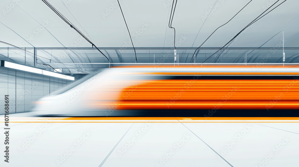 Poster high speed train in motion, showcasing dynamic lines and vibrant colors in modern station. sleek des
