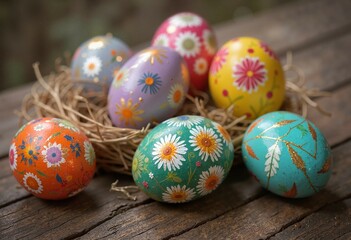 Fototapeta premium Close-Up of Colorful Painted Easter Eggs with Floral Designs