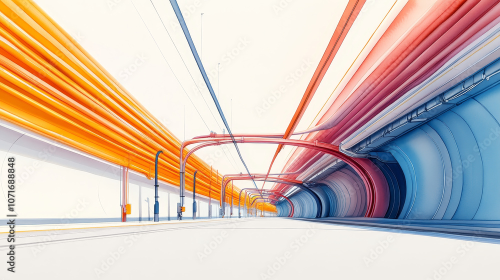 Poster vibrant abstract representation of futuristic tunnel with colorful lines. dynamic use of orange, red