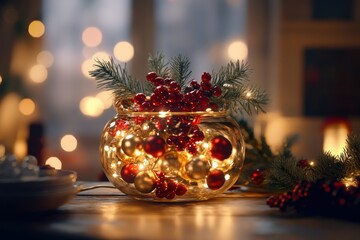Festive Decor with Lights and Ornaments in Glass Bowl