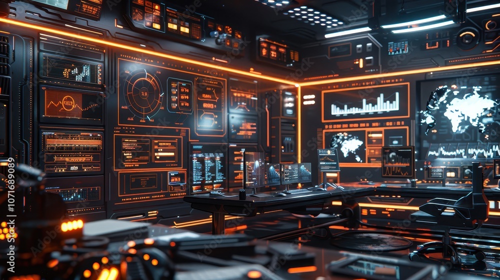 Poster futuristic control room with advanced technology and data displays.