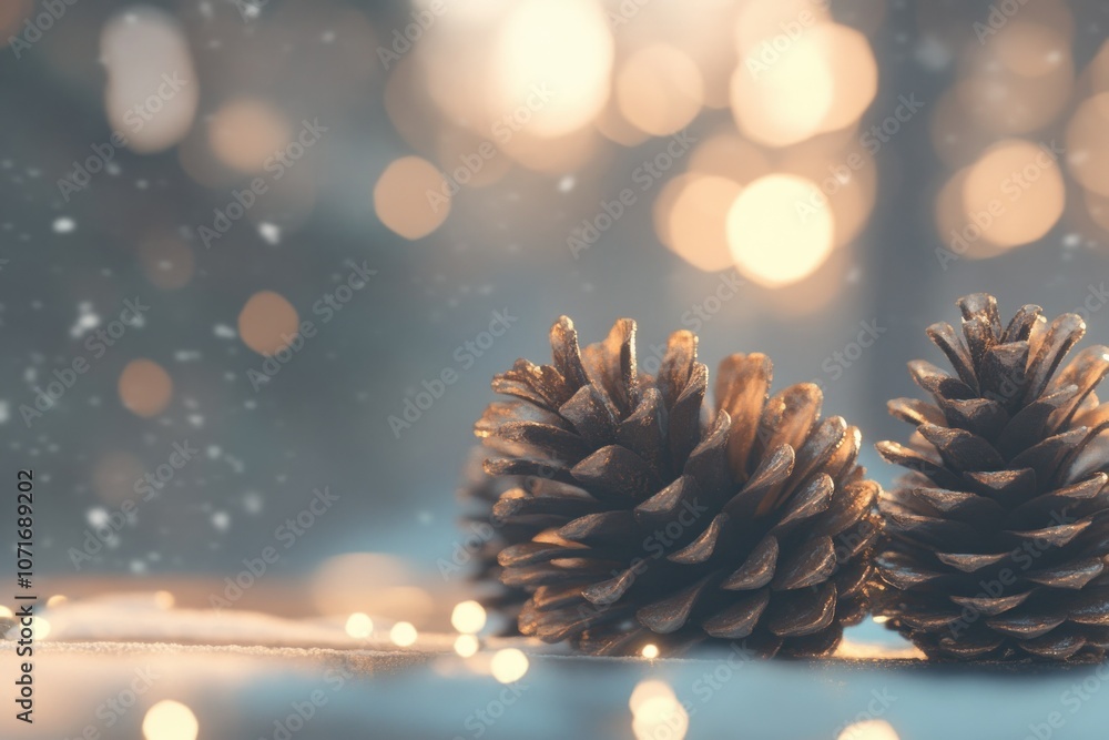 Poster pinecones with bokeh effect in soft winter light