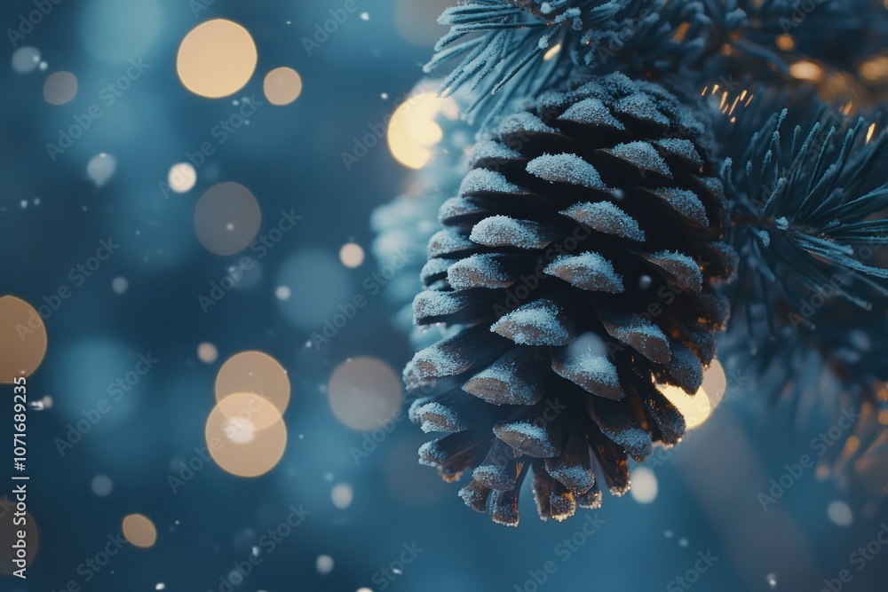 Poster snowy pinecone with soft bokeh background