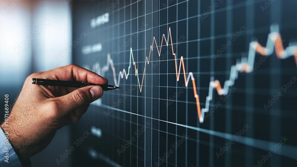 Poster analyzing the market: a close-up shot of a hand tracing the trajectory of a financial graph, capturi