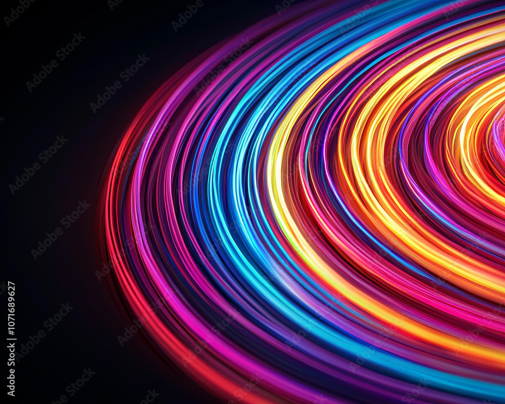 Poster colorful light trails forming concentric circles on black background create vibrant and dynamic visu