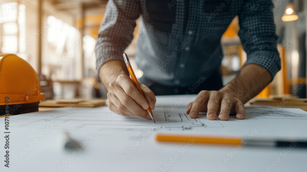 Poster engineer sketches plans on paper, showcasing precision and creativity in design. workspace is filled