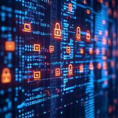 Obraz premium Abstract digital background with glowing lock icons and binary code representing data security, conveying sense of protection and technology