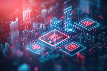 Obraz premium Floating loan icons and graphs above a cityscape, highdetail digital overlay, scifi tones, neon red and blue, futuristic financial illustration