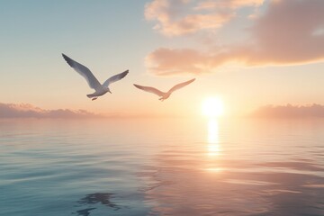 Fototapeta premium Serene Seagulls in Sunset Over Calm Ocean Waters