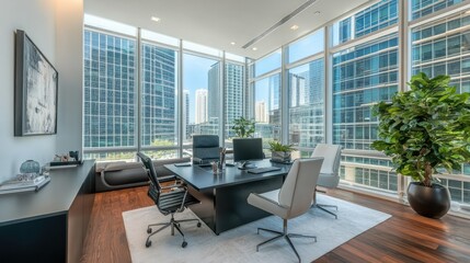 Fototapeta premium Contemporary home office with sleek furniture and large windows
