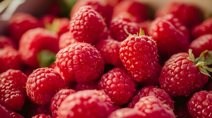 Fresh ripe red raspberries in macro close-up view showing detailed berry texture, copy space