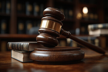 Obraz premium Judge gavel with blurred bookshelves and soft lighting.