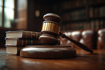 Judge gavel with blurred bookshelves and soft lighting.