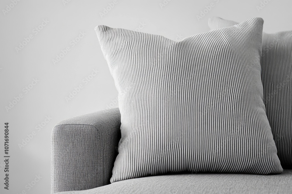 Poster a subtle interplay of textures and patterns on a gray upholstered sofa during a tranquil midday mome