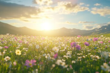 Fototapeta premium Sunrise Over Colorful Flower Meadow