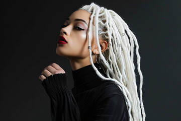 black female model with snow white twisted locs, sculptural pose