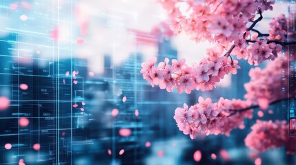 Fototapeta premium Futuristic cherry blossoms, holographic branches, cityscape in background, digital spring