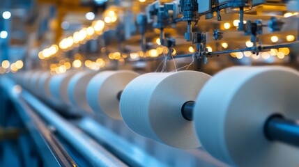 Close-up of Textile Machinery with Spools of White Thread Winding and Unwinding in a Factory Setting