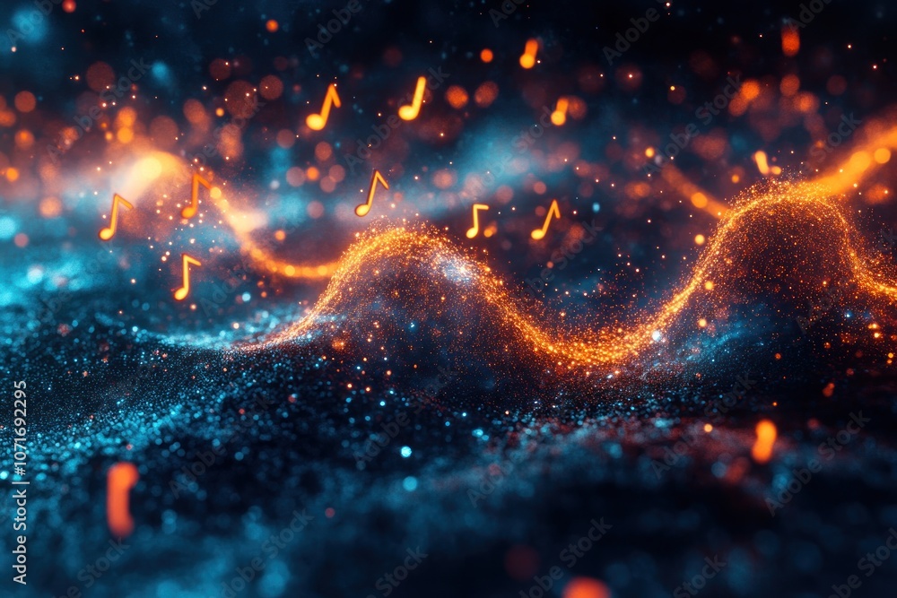 Poster abstract digital wave with music notes and glowing particles.