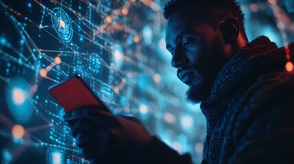 Man with smartphone and digital data icons around him, representing a technology network and global connectivity