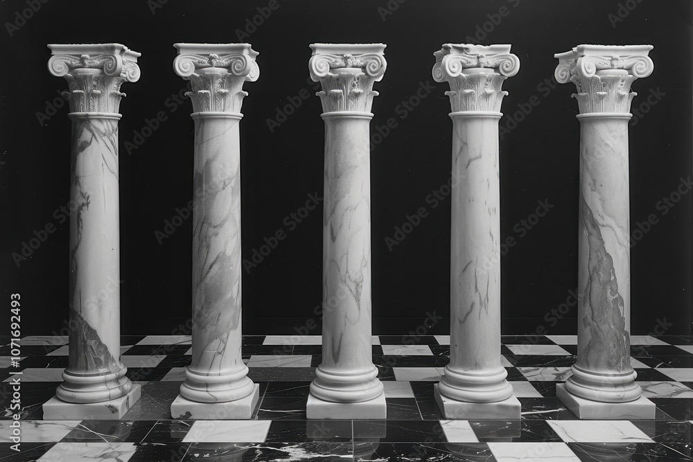 Poster five marble columns arranged on a patterned floor, showcasing classical architectural design.