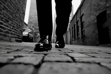 Fototapeta premium A person walking down a cobblestone street with their feet in black shoes