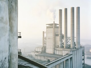 Obraz premium Industrial Complex with Four Tall Chimneys Emitting Smoke Against a Clear Sky
