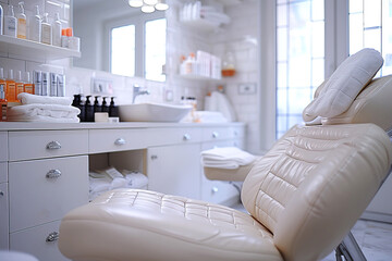 Fototapeta premium Contemporary beauty salon with comfy chair for rejuvenating injections in a calming space