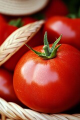 A close up of a tomato in a basket