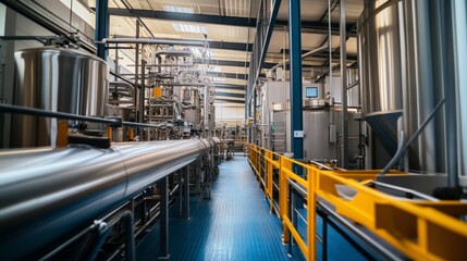 Industrial Facility Interior with Stainless Steel Piping, Vats, and Equipment in a Modern Processing Plant