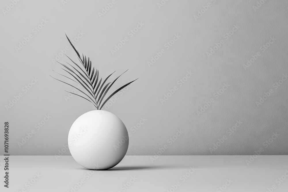 Poster a minimalist composition featuring a delicate egg-shaped vase with a singular palm frond against a s