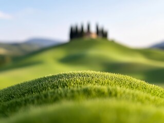 A green field with a castle on top of it