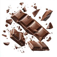 Broken pieces of chocolate flying isolated on transparent background. Chocolate explosion. Cutout, PNG