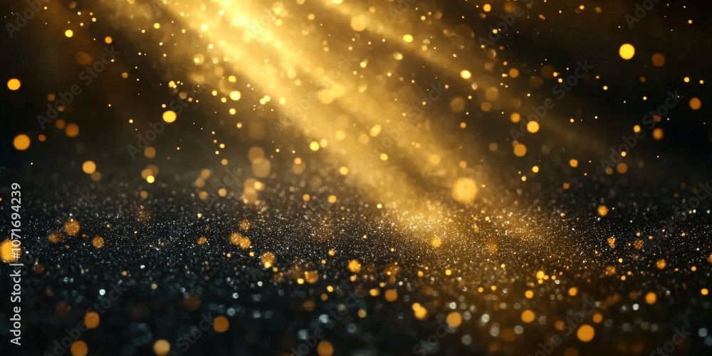 Poster glimmering golden light rays shining through dust particles over a dark background conveying a magic