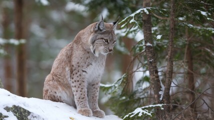 Obraz premium Lynx in the boreal forest. A lynx sits on a rocky ledge and looks down. There is a dense canopy in the forest, the trees are covered with snow.
