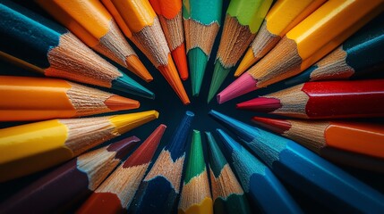 Naklejka premium Colorful pencils circle close-up top view.