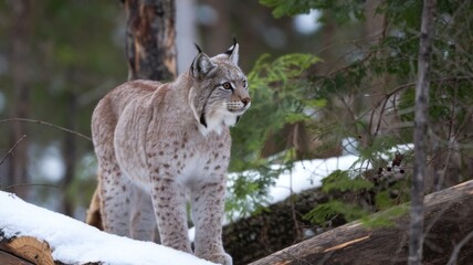 Obraz premium Lynx in the boreal forest. A lynx sits on a rocky ledge and looks down. There is a dense canopy in the forest, the trees are covered with snow.