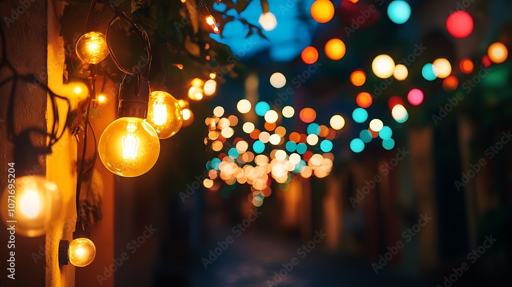 Poster A vibrant alley adorned with colorful string lights, creating a festive atmosphere.