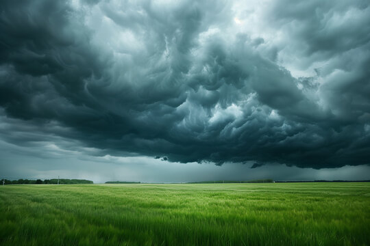 A dramatic stormy sky with dark, ominous clouds rolling in, thick with moisture and ready to unleash a powerful rainstorm over an open field.