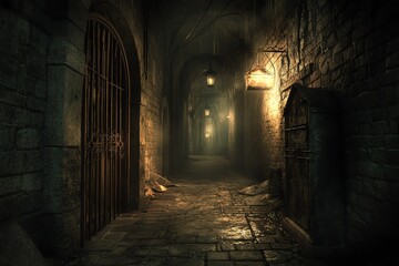 Mysterious dungeon corridor with dim lighting.