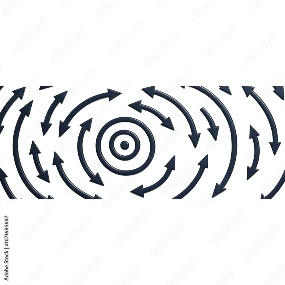 Poster an abstract design featuring concentric circles with surrounding arrows, symbolizing movement and di