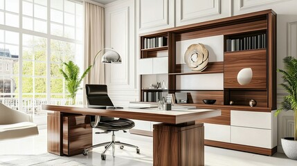 Elegant home office with white walls and wood accents